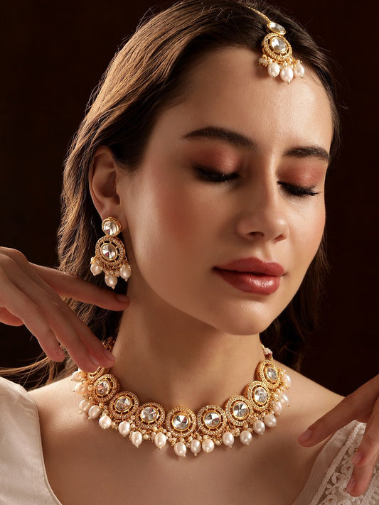 Dhiyona RJ Women's 22K Gold Plated Polki & Kundan & Cubic Zirconia Studded Pearls Beaded Jewellery Set
