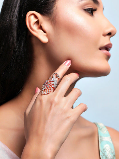 Dhiyona RJ Women's 18K Rose Gold-Plated Peacock Design Cubic Zirconia Studded Finger Ring