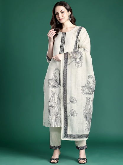 Dhiyona IE Floral Printed Linen Kurta with Trousers & Dupatta