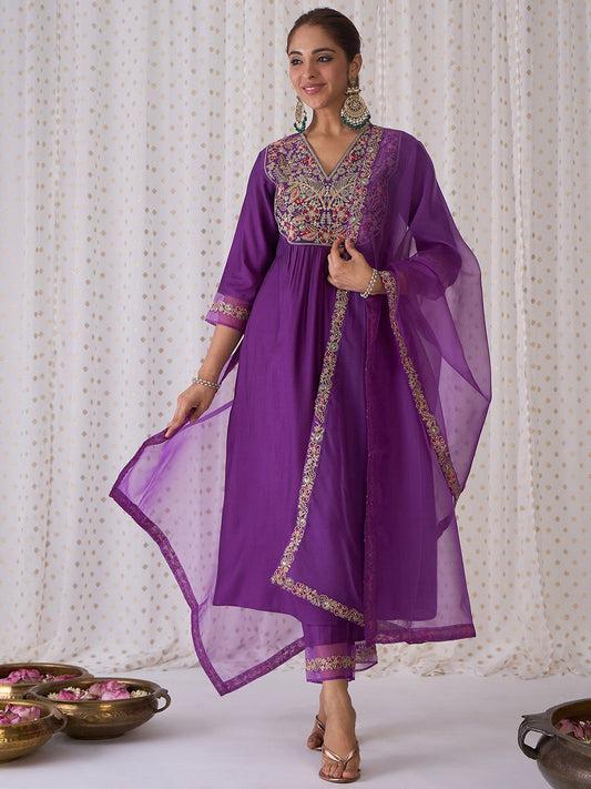 Dhiyona IE Floral Embroidered Pleated Zari Liva Anarkali Kurta With Trousers & Dupatta