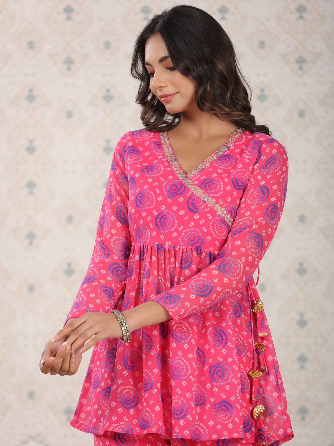 Dhiyona OD  Red Bandhani Printed Angrakha A-Line Kurti With Sharara