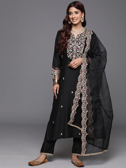 Dhiyona IE Floral Embroidered Regular Sequinned Liva Kurta with Trousers & Dupatta