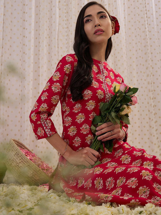 Dhiyona IE Floral Printed Mandarin Collar Three-Quarter Sleeves Kurta