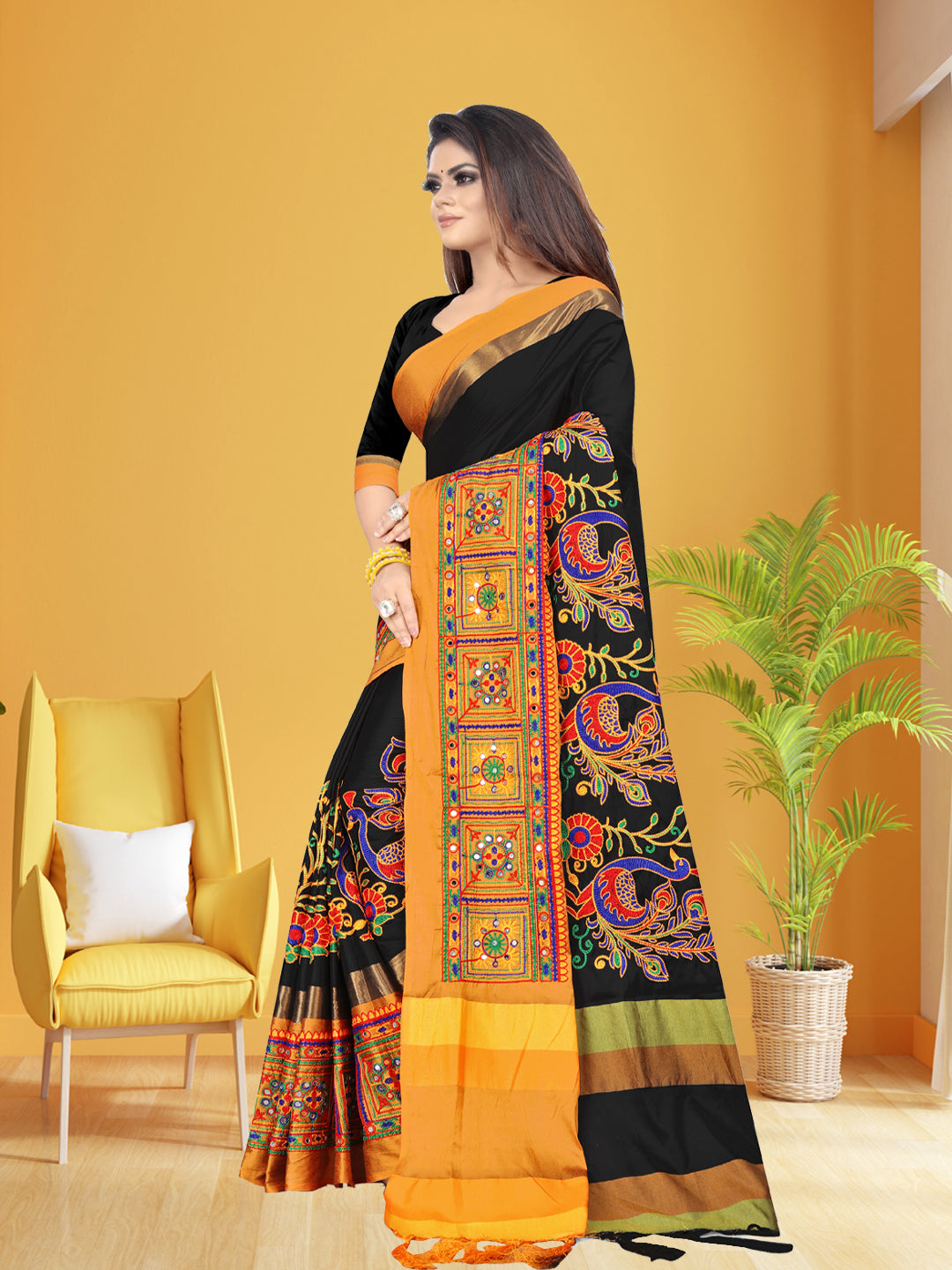 Dhiyona RV Women's Cotton Silk Heavy Kutchi Work With Peacock Design Embroidered Saree  ( KVD861 )