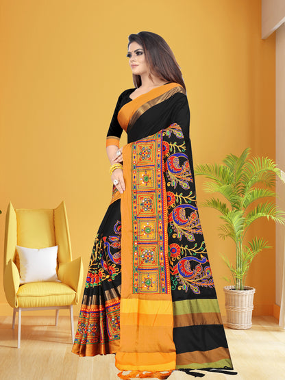 Dhiyona RV Women's Cotton Silk Heavy Kutchi Work With Peacock Design Embroidered Saree  ( KVD861 )