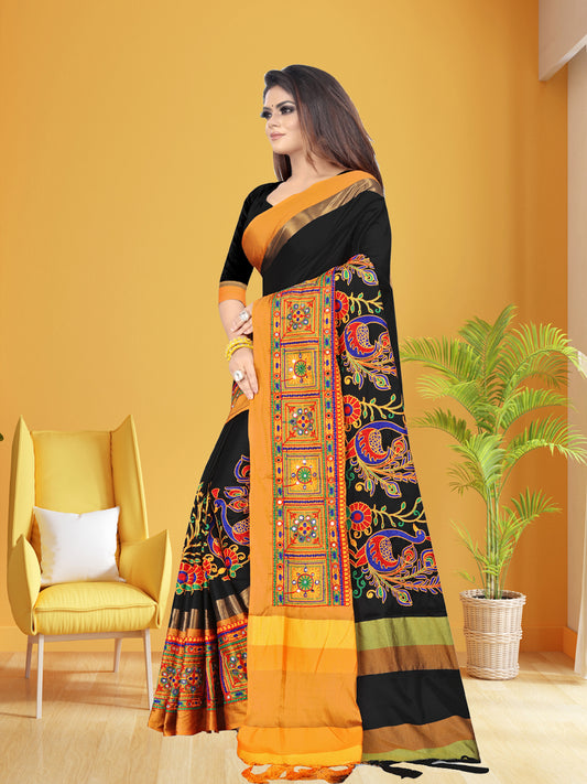 Dhiyona RV Women's Cotton Silk Heavy Kutchi Work With Peacock Design Embroidered Saree  ( KVD861 )