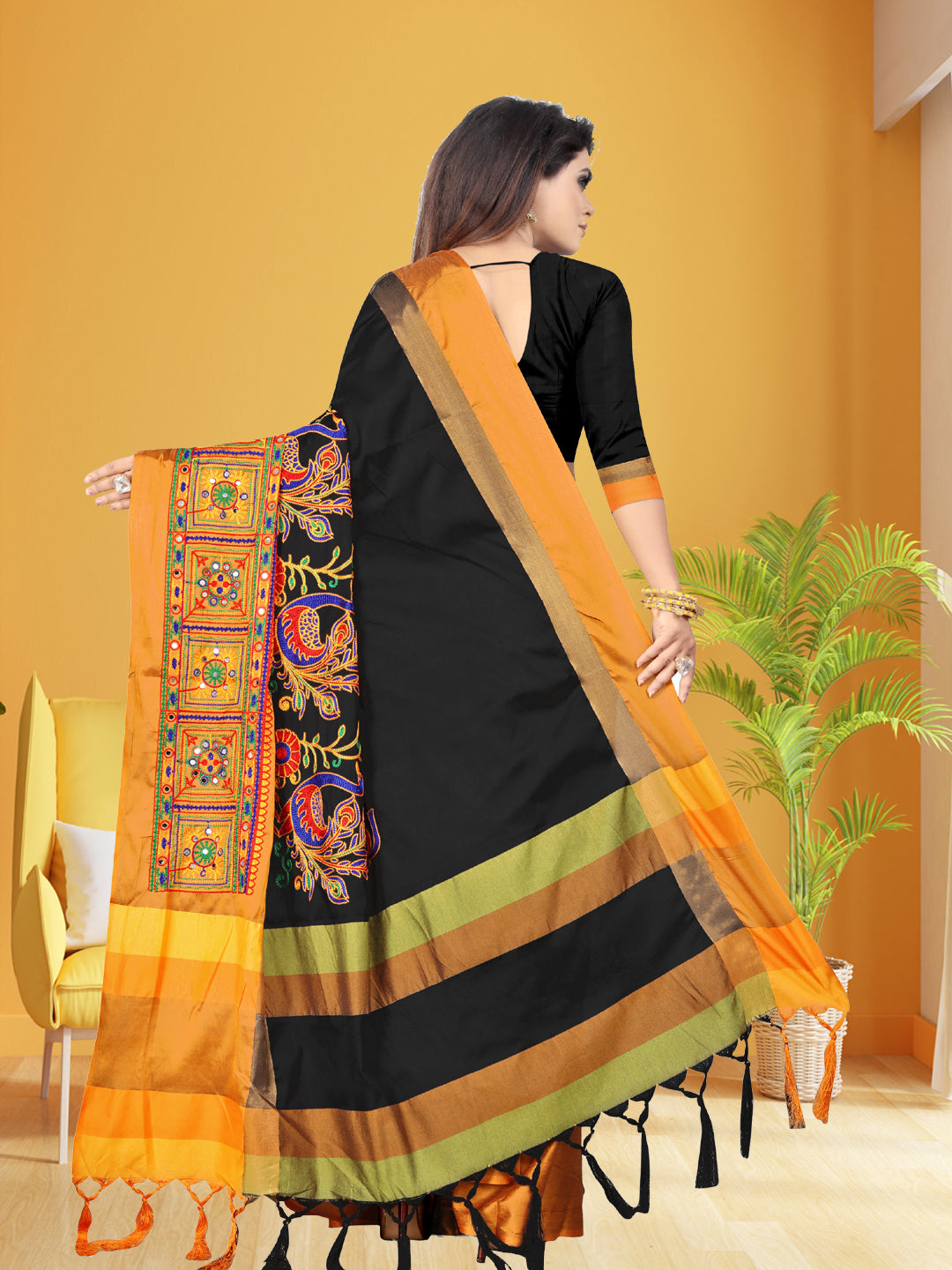 Dhiyona RV Women's Cotton Silk Heavy Kutchi Work With Peacock Design Embroidered Saree  ( KVD861 )