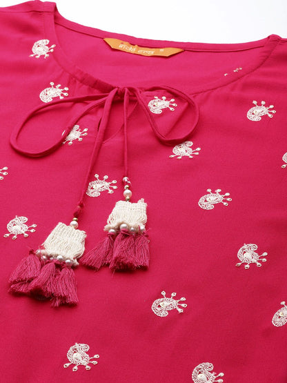 Dhiyona IE Women Pink Ethnic Motifs Embroidered Sequinned Kurta with Trousers & With Dupatta