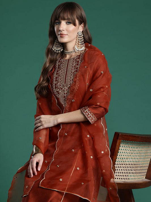 Dhiyona IE Ethnic Motifs Embroidered Liva Kurta with Trousers & With Dupatta