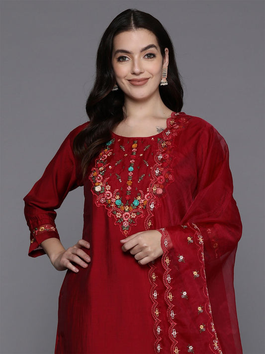 Dhiyona IE Floral Embroidered Regular Thread Work Kurta with Trousers & Dupatta