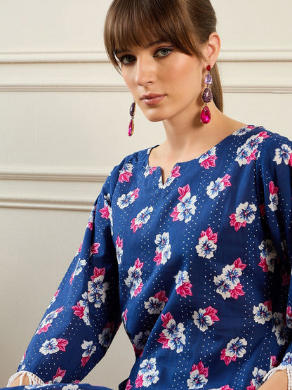 Dhiyona IE Floral Printed Sweetheart Collar Pure Cotton Tunic With Trouser