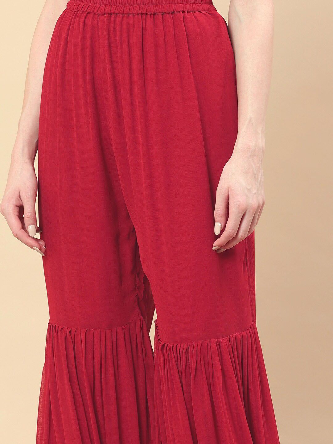 Dhiyona SO Women's Women Red Floral Embroidered Beads and Stones Kurta with Sharara & Dupatta