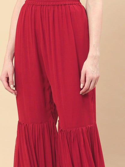 Dhiyona SO Women's Women Red Floral Embroidered Beads and Stones Kurta with Sharara & Dupatta