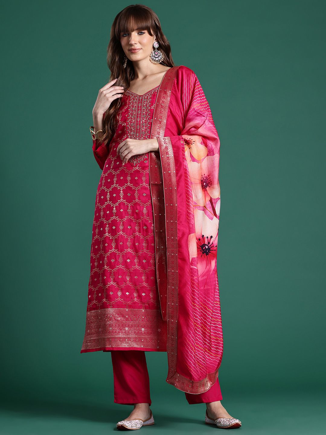 Ethnic Motifs Embroidered Regular Kurta With Trousers & Dupatta