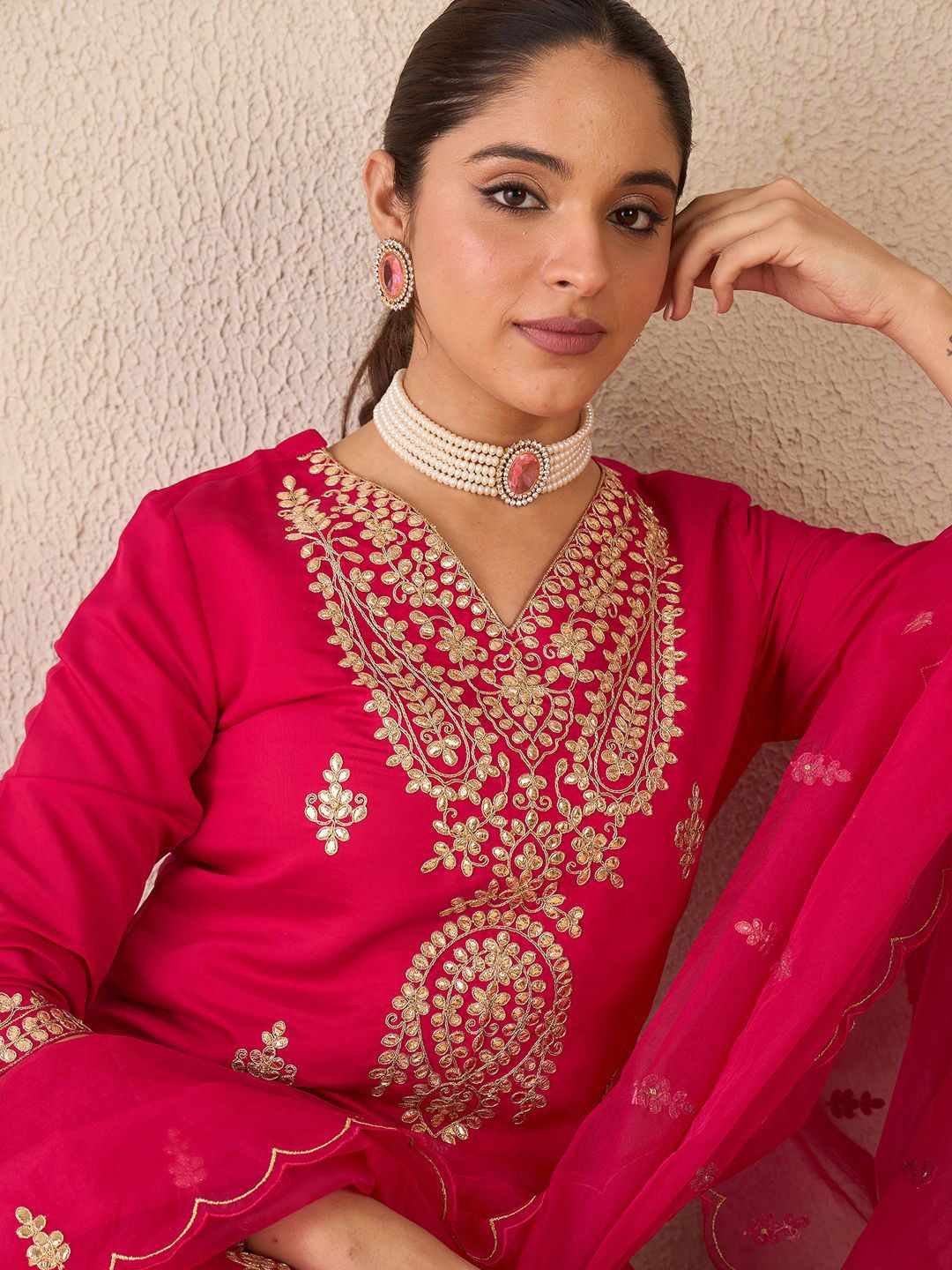 Embroidered Gotta Patti Work V Neck Kurta With Trousers & Dupatta
