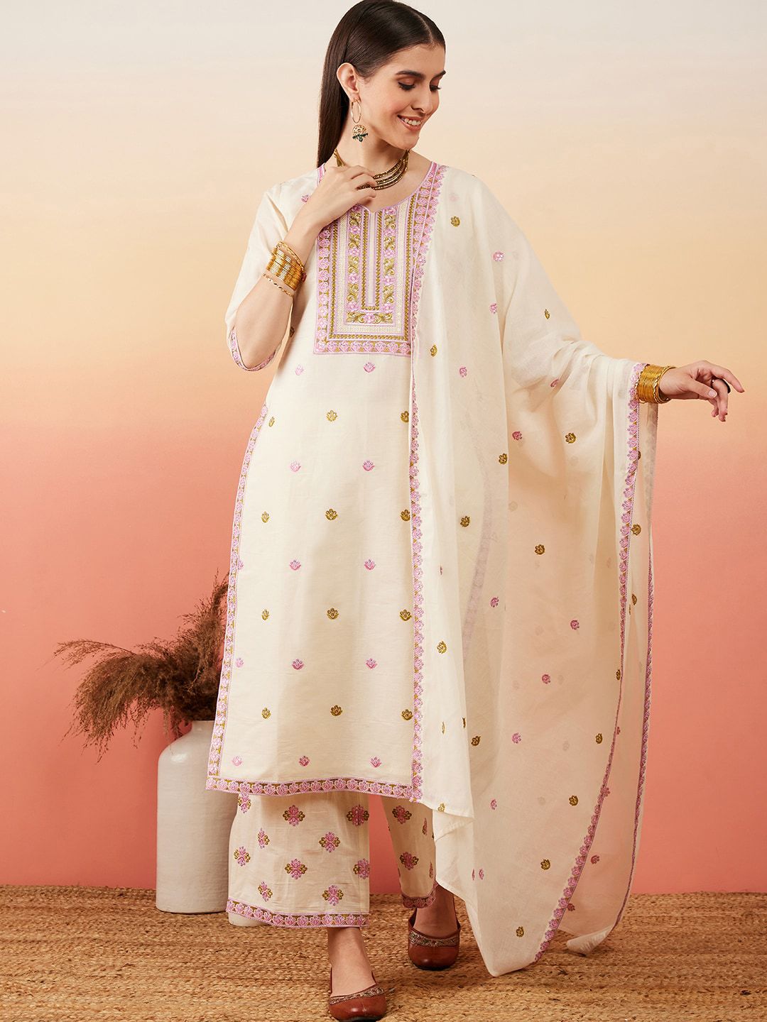 Dhiyona SN Women's Floral Embroidered Pure Cotton Straight Kurta With Palazzo & Dupatta
