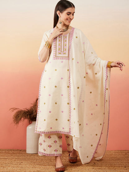 Dhiyona SN Women's Floral Embroidered Pure Cotton Straight Kurta With Palazzo & Dupatta