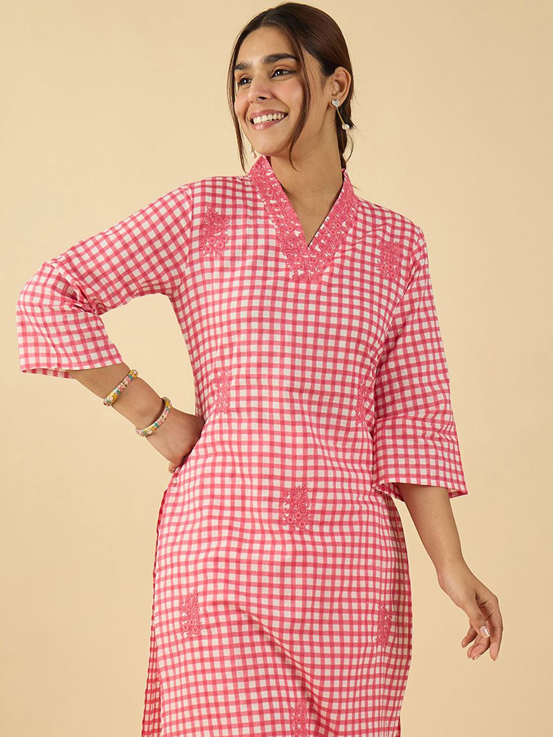 Checked V Neck Thread Work Pure Cotton Straight Kurta With Trousers