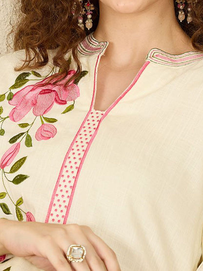 Floral Embroidered Notch Neck Straight Kurta with Trousers & Dupatta
