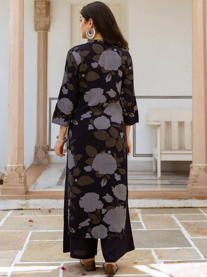 Dhiyona IS Women's Floral Printed Mandarin Collar Sequinned Straight Kurta With Palazzos