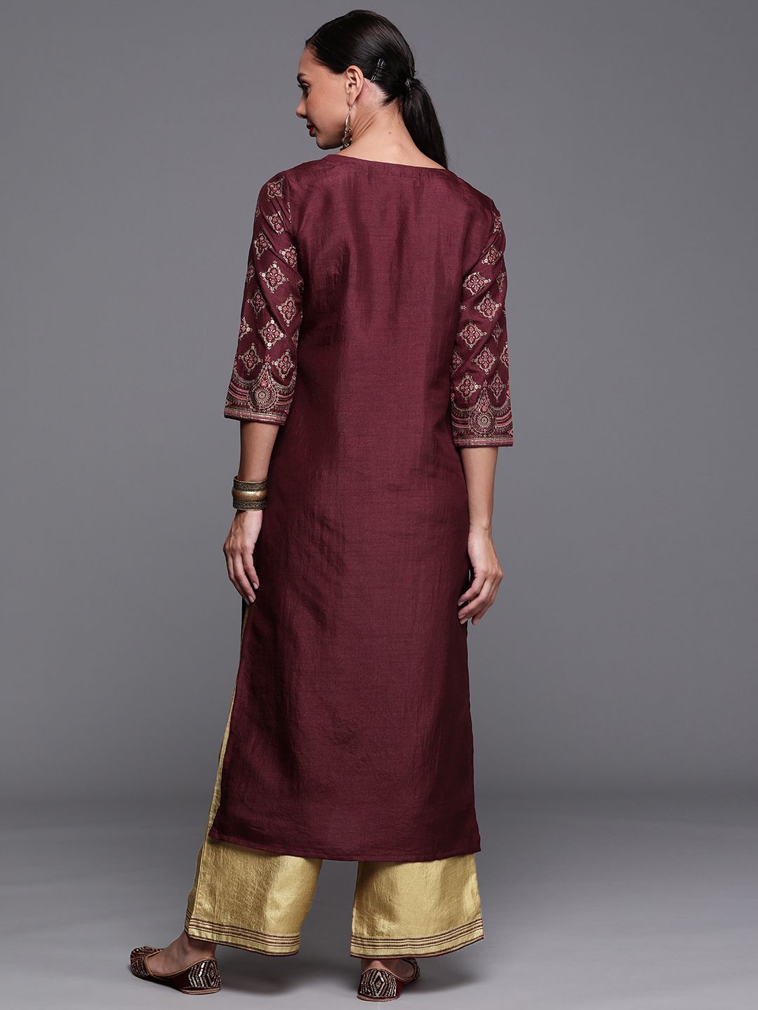Women Maroon and Gold-Toned Ethnic Motifs Foil Print Kurta with Palazzos