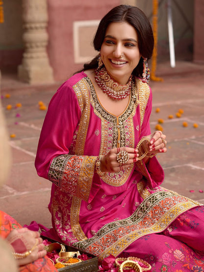 Dhiyona IE Floral Embroidered Sequinned Chinon Straight Kurta With Sharara & Dupatta