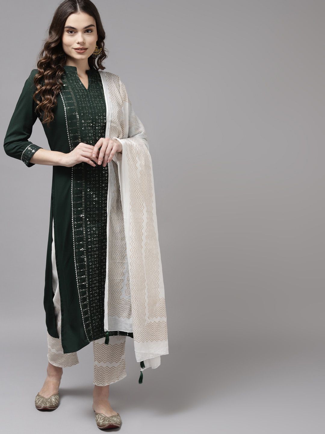 Dhiyona IE Women Green & White Embroidered Kurta with Trousers & Dupatta