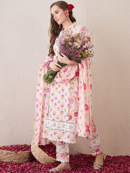 Floral Embroidered Mandarin Collar Pure Cotton Kurta With Trousers & Dupatta