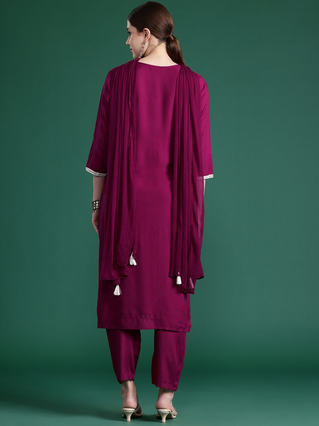 Embroidered Mirror Work Kurta With Trousers & Dupatta