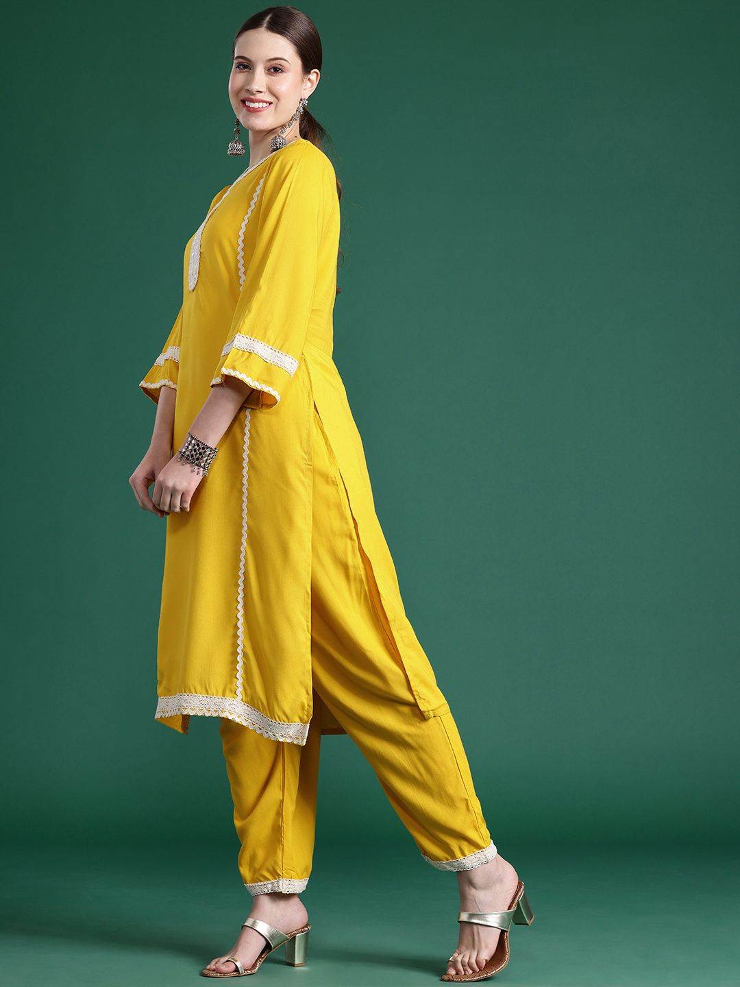 Embroidered Panelled Mirror Work Kurta With Trousers & Dupatta