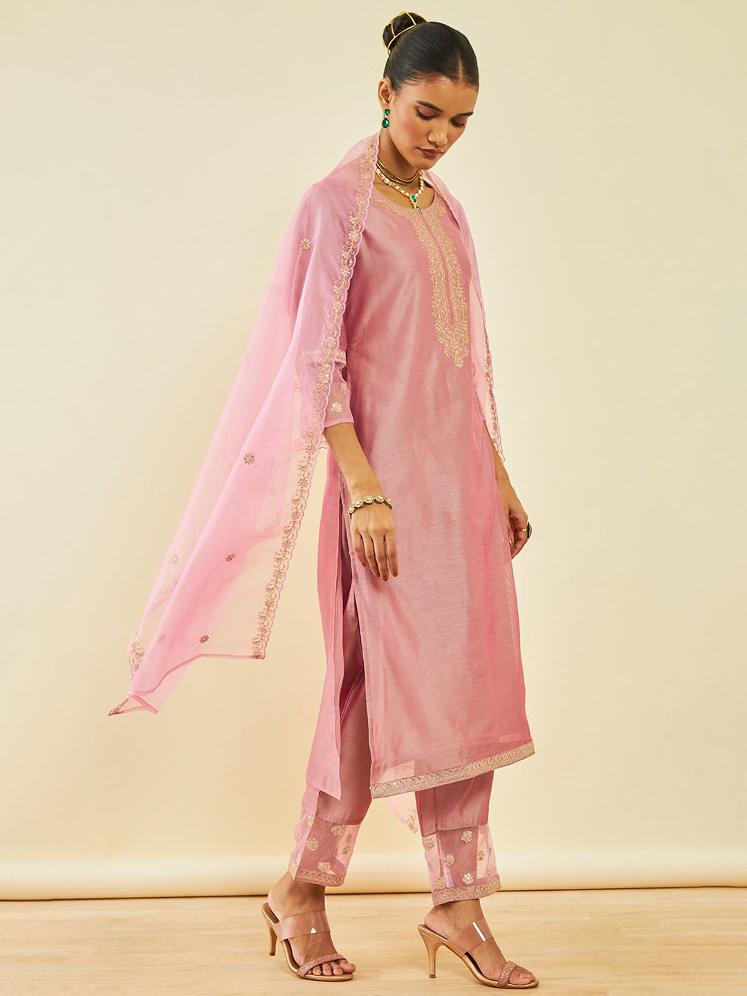 Dhiyona SO Women's Ethnic Motifs Embroidered Round Neck Straight Kurta With Trousers & Dupatta