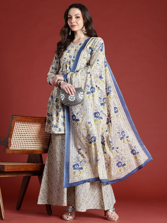 Dhiyona IE Floral Printed Empire Pure Cotton Kurta with Sharara & With Dupatta