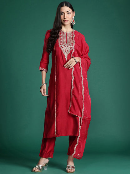 Women Ethnic Motifs Embroidered Panelled Liva Kurta with Trousers & With Dupatta