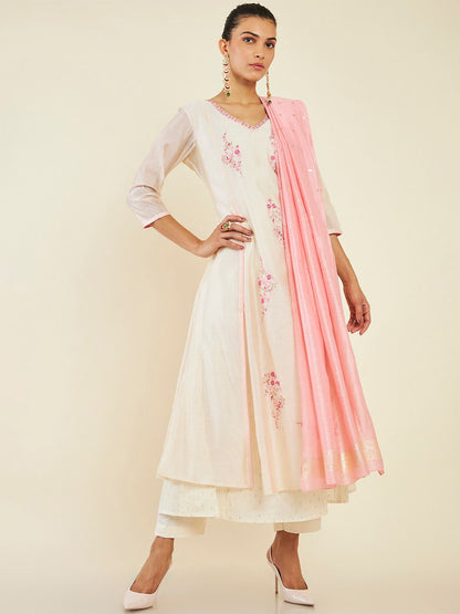 Dhiyona SO Women's Floral Embroidered A-Line Layered Pure Cotton Kurta with Trousers & Dupatta