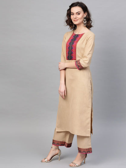 Women Beige & Pink Yoke Design Kurta with Palazzos & Dupatta
