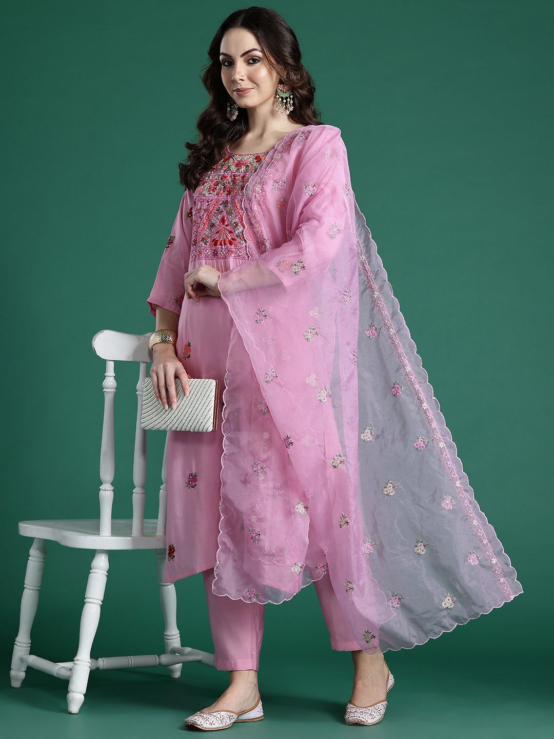 Floral Embroidered Kurta with Trousers & Dupatta