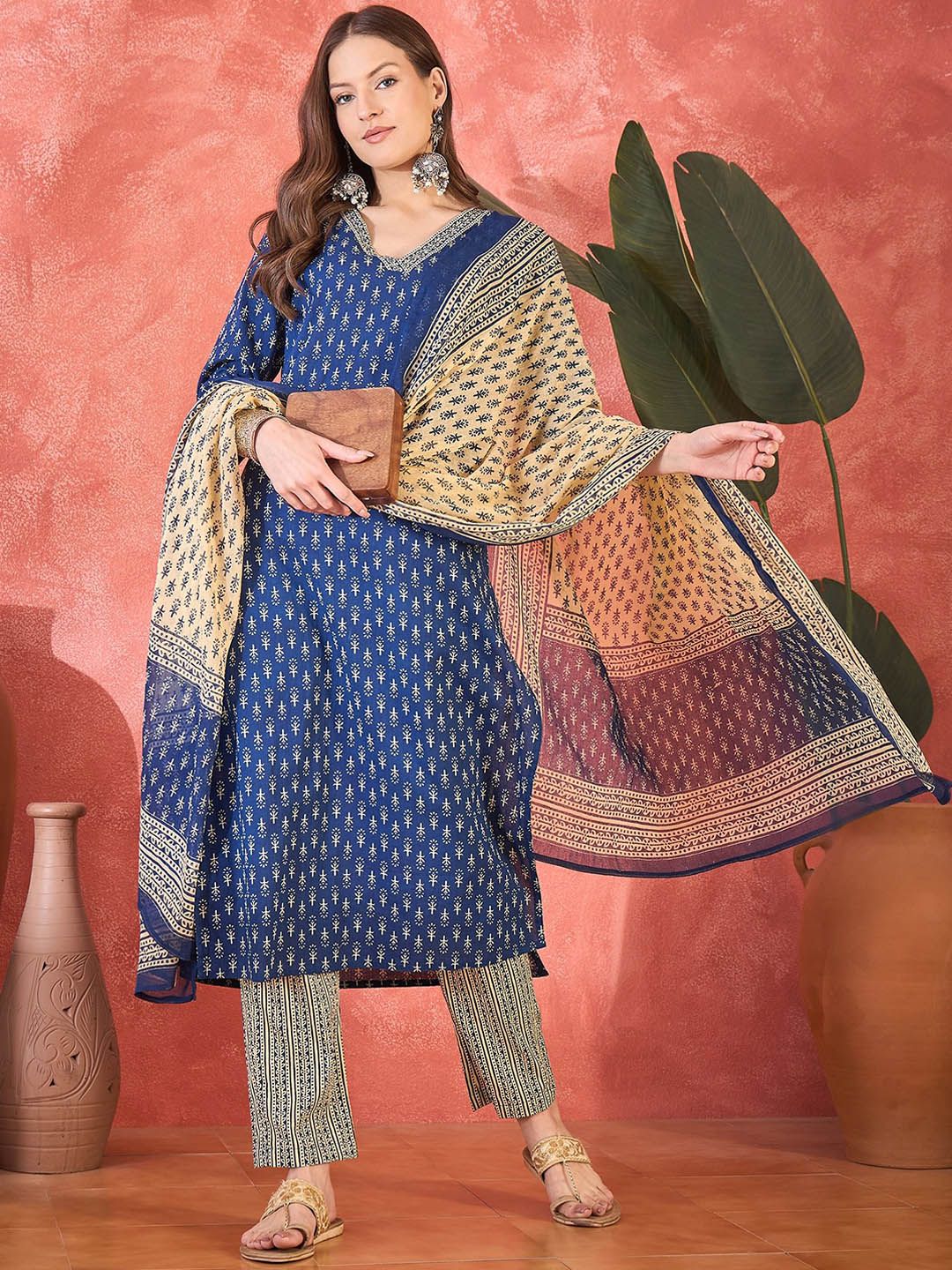 Dhiyona SN Women's Floral Printed V Neck Pure Cotton Kurta With Trousers & Dupatta