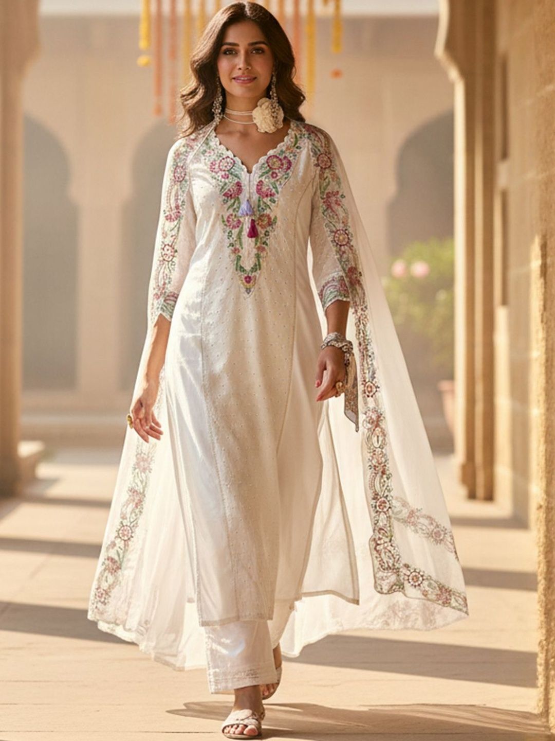 Dhiyona IE Floral Embroidered Thread Work Pure Cotton Straight Kurta With Trousers & Dupatta