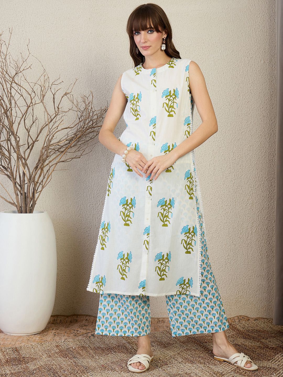 Floral Printed Mandarin Collar A Line Pure Cotton Kurta With Palazzos