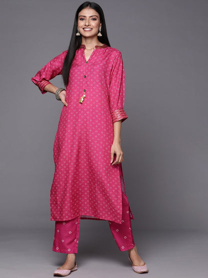 Dhiyona VA Women's Pink Bandhani Printed Sequinned Kurta with Trousers