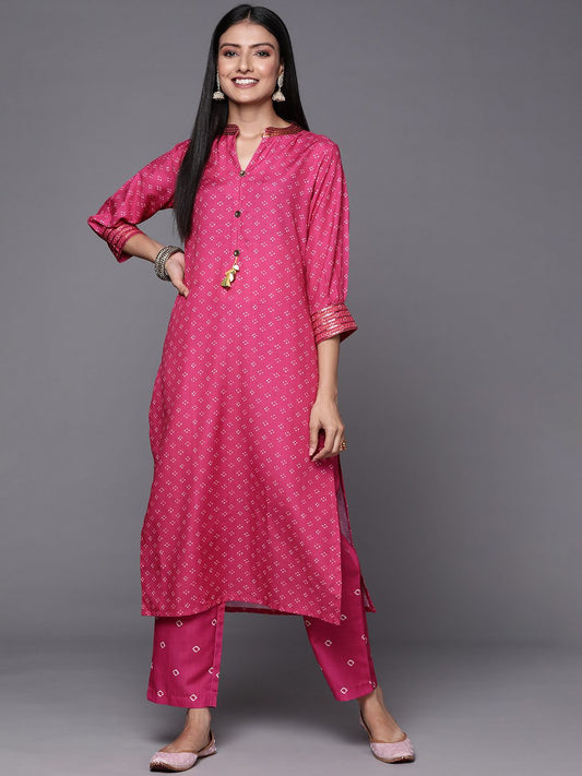Dhiyona VA Women's Pink Bandhani Printed Sequinned Kurta with Trousers