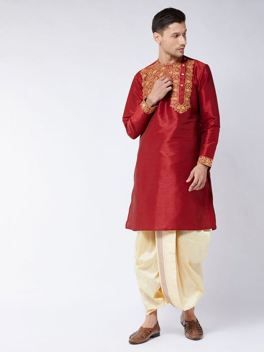Men's Maroon Silk Blend Angrakha Kurta and Dhoti Set