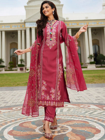 Women Floral Embroidered Regular Thread Work Kurta with Trousers & With Dupatta