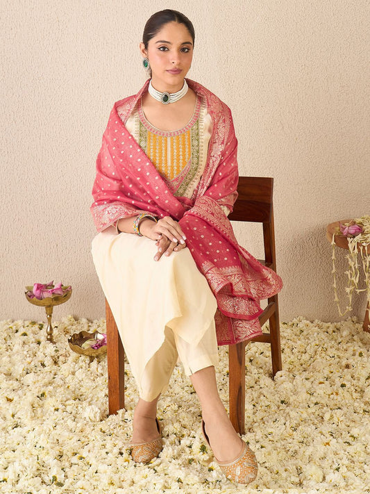 Dhiyona IE Women Ethnic Motifs Embroidered Regular Kurta with Trousers & With Dupatta