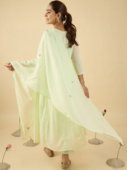 Dhiyona IE Floral Embroidered V Neck A Line Pure Cotton Kurta With Trousers & Dupatta