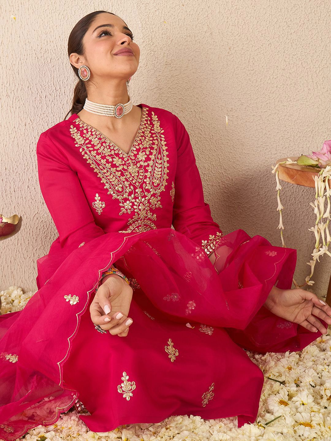 Embroidered Gotta Patti Work V Neck Kurta With Trousers & Dupatta