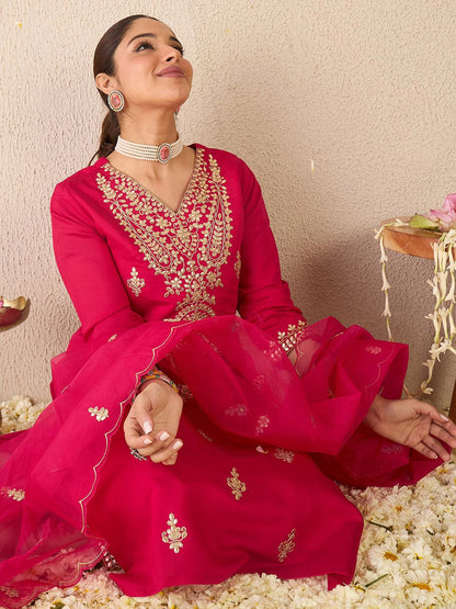 Embroidered Gotta Patti Work V Neck Kurta With Trousers & Dupatta