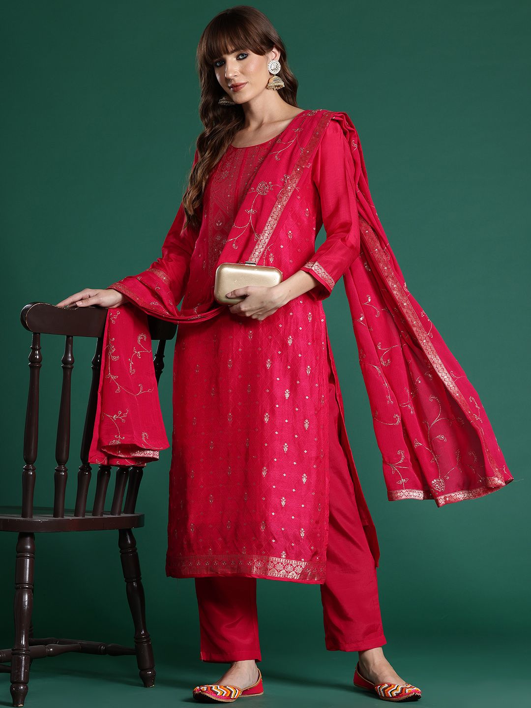 Ethnic Motifs Woven Design Zari Kurta with Trousers & With Dupatta