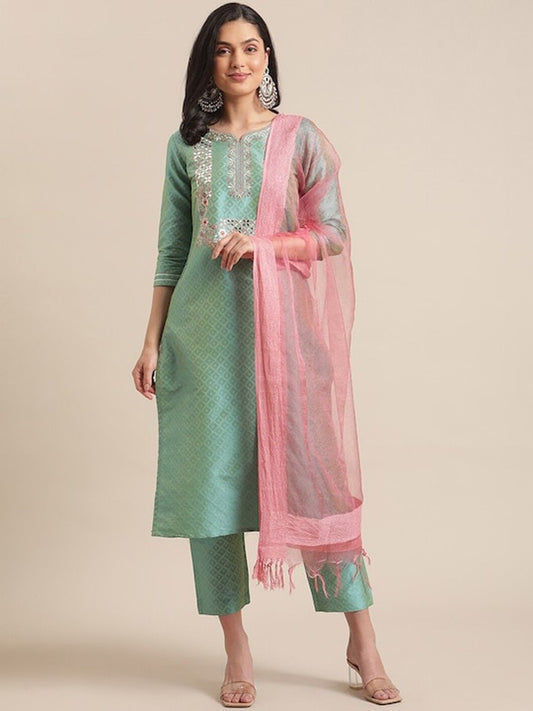 Dhiyona VA Women's Ethnic Motifs Thread Work Kurta with Trousers & With Dupatta