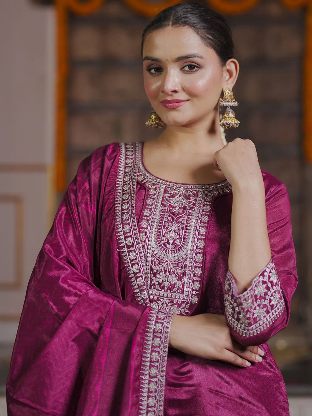 Women Embroidered Regular Sequinned Kurta with Trousers & With Dupatta